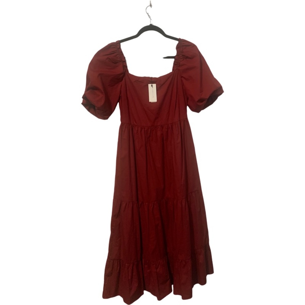 Red Cotton Tiered Poplin Midi Dress Puff Sleeves Squared neck line.